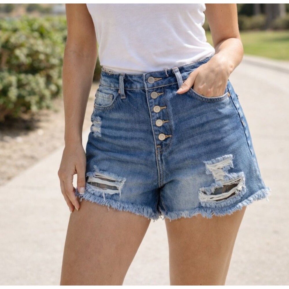 YMI Dream Denim Shorts Jrs Sz 5/27 Distressed Hybrid Denim Button Fly High Rise